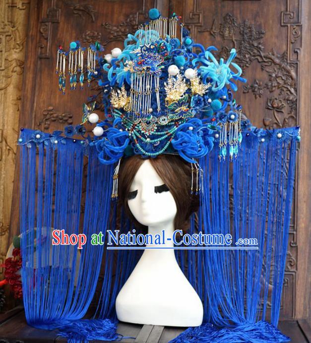 Traditional Chinese Wedding Luxury Phoenix Coronet Hair Accessories Ancient Bride Blue Hairpins Complete Set for Women