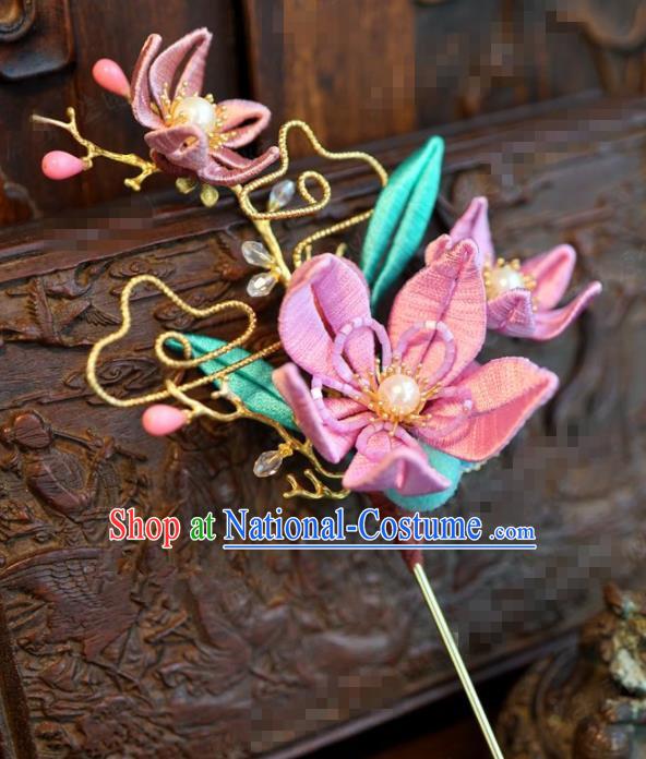 Traditional Chinese Ancient Bride Pink Flower Hair Clip Hanfu Court Queen Hairpins Handmade Hair Accessories for Women