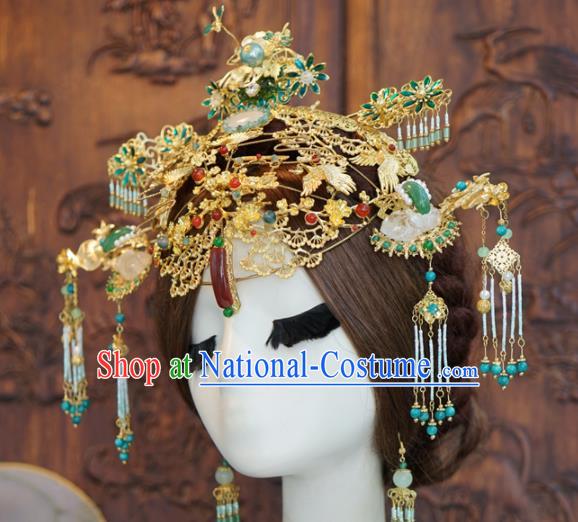 Traditional Chinese Wedding Luxury Agate Phoenix Coronet Hair Accessories Ancient Bride Hairpins Complete Set for Women