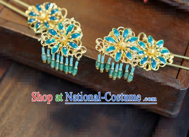 Traditional Chinese Ancient Bride Green Tassel Hair Clip Hanfu Court Queen Hairpins Handmade Hair Accessories for Women