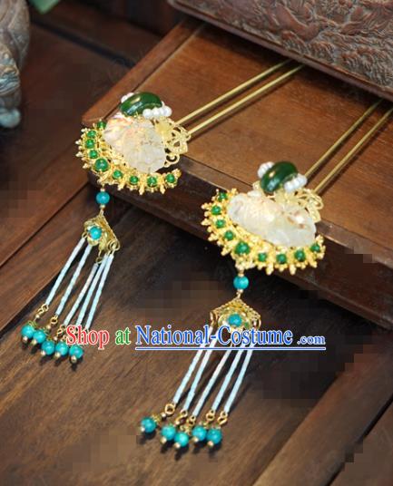 Traditional Chinese Ancient Bride Jade Tassel Hair Clip Hanfu Court Queen Hairpins Handmade Hair Accessories for Women