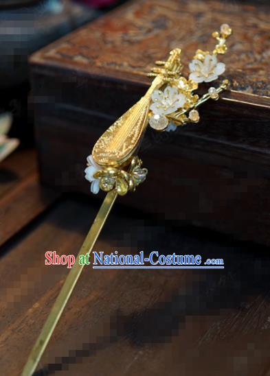 Traditional Chinese Ancient Bride Golden Lute Hair Clip Hanfu Court Queen Hairpins Handmade Hair Accessories for Women