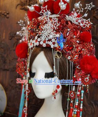 Traditional Chinese Wedding Red Phoenix Coronet Luxury Hair Accessories Ancient Bride Hairpins Complete Set for Women