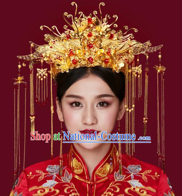 Traditional Chinese Wedding Phoenix Coronet Luxury Hair Accessories Ancient Bride Hairpins Complete Set for Women