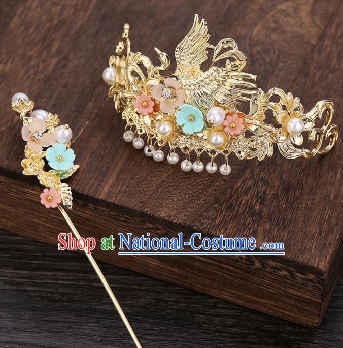 Traditional Chinese Ancient Hanfu Crane Hair Crown Court Queen Hairpins Handmade Hair Accessories for Women