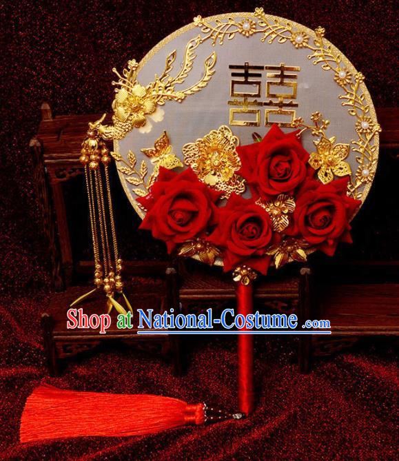 Traditional Chinese Handmade Court Wedding Red Roses Round Fans Ancient Bride Palace Fan Accessories for Women