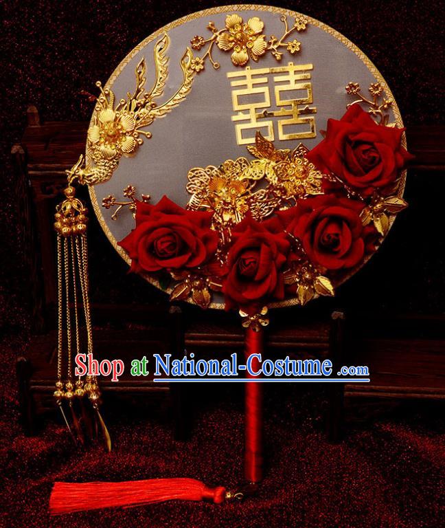 Traditional Chinese Handmade Court Wedding Phoenix Round Fans Ancient Bride Red Roses Palace Fan for Women