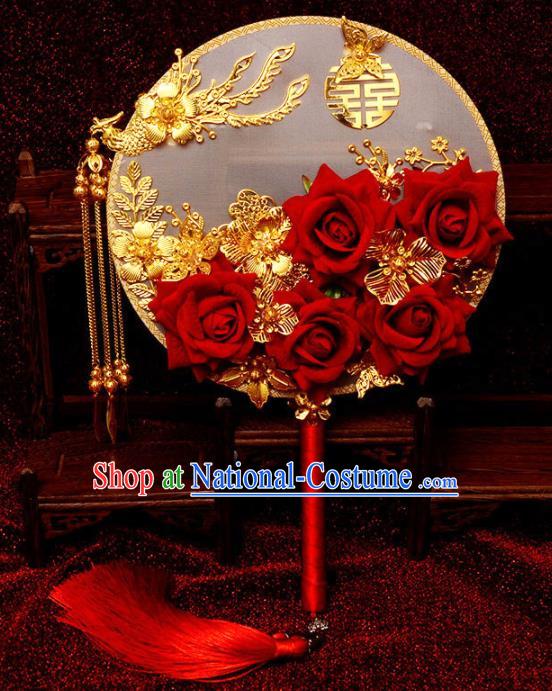 Traditional Chinese Handmade Court Wedding Round Fans Ancient Bride Red Roses Palace Fan for Women