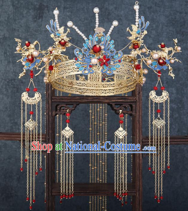 Traditional Chinese Wedding Blueing Phoenix Coronet Luxury Hair Accessories Ancient Bride Hairpins Complete Set for Women