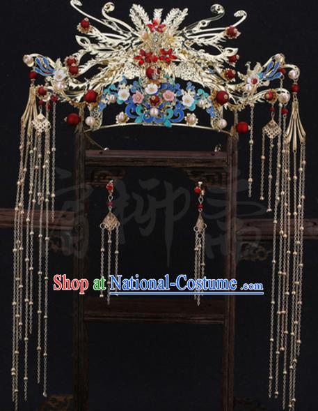 Traditional Chinese Wedding Golden Phoenix Coronet Luxury Hair Accessories Ancient Bride Hairpins Complete Set for Women