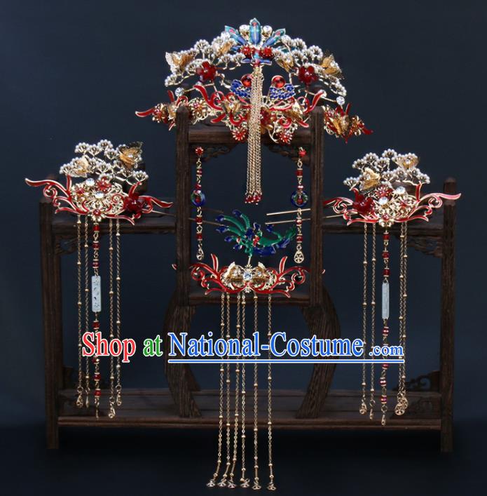 Traditional Chinese Wedding Pine Phoenix Coronet Luxury Hair Accessories Ancient Bride Hairpins Complete Set for Women