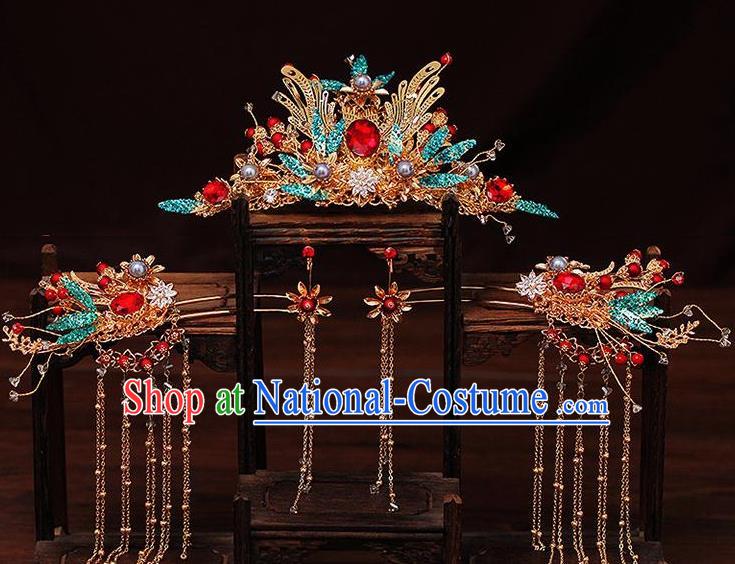 Traditional Chinese Wedding Red Crystal Phoenix Coronet Luxury Hair Accessories Ancient Bride Hairpins Complete Set for Women