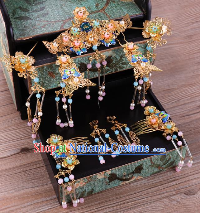 Traditional Chinese Wedding Blueing Hair Comb Luxury Hair Accessories Ancient Bride Hairpins Complete Set for Women