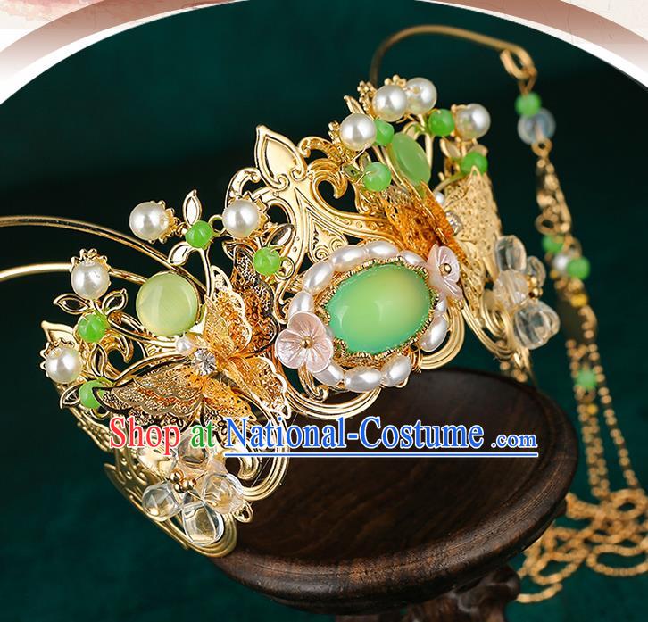 Traditional Chinese Wedding Pearls Green Hair Crown Hair Accessories Ancient Bride Tassel Hairpins Complete Set for Women