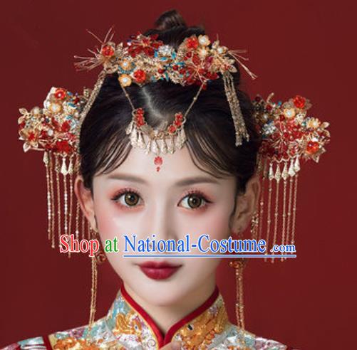 Traditional Chinese Wedding Court Hair Crown Hair Accessories Ancient Bride Tassel Hairpins Complete Set for Women