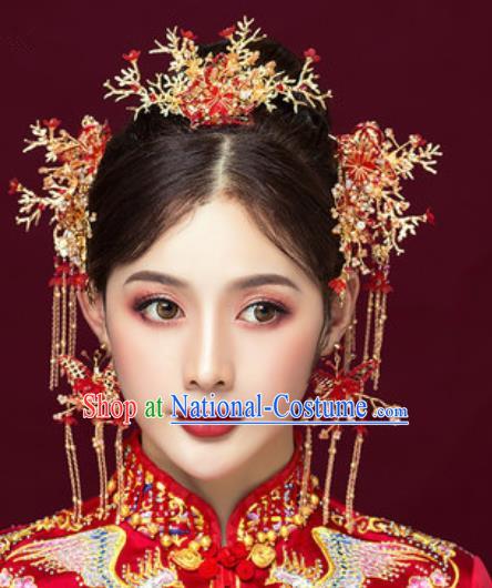 Traditional Chinese Wedding Butterfly Phoenix Coronet Luxury Hair Accessories Ancient Bride Hairpins Complete Set for Women