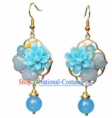 Traditional Chinese Classical Blue Flower Earrings Handmade Court Ear Accessories for Women