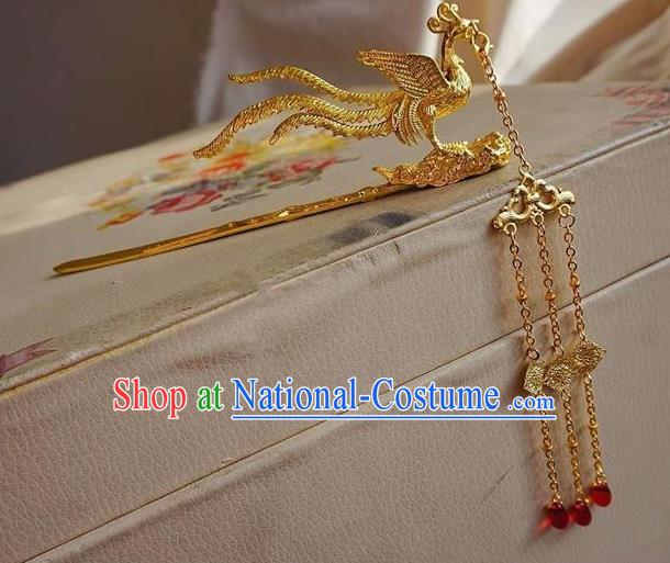 Traditional Chinese Hanfu Golden Tassel Phoenix Hair Clip Ancient Court Queen Hairpins Handmade Hair Accessories for Women