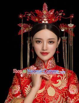 Traditional Chinese Handmade Wedding Red Phoenix Coronet Ancient Bride Hairpins Luxury Hair Accessories Complete Set