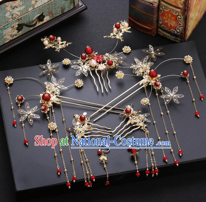 Traditional Chinese Wedding Hair Comb Handmade Ancient Bride Hairpins Hair Accessories Complete Set