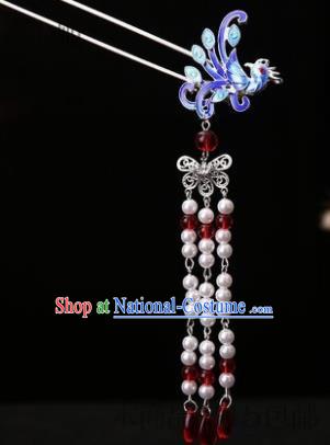 Traditional Chinese Hanfu Blue Phoenix Tassel Hair Clip Ancient Court Queen Hairpins Handmade Hair Accessories for Women