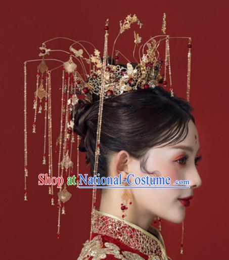 Traditional Chinese Wedding Golden Butterfly Phoenix Coronet Hair Accessories Ancient Bride Tassel Hairpins Complete Set for Women