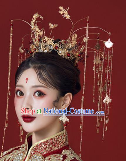 Traditional Chinese Wedding Golden Butterfly Phoenix Coronet Hair Accessories Ancient Bride Tassel Hairpins Complete Set for Women