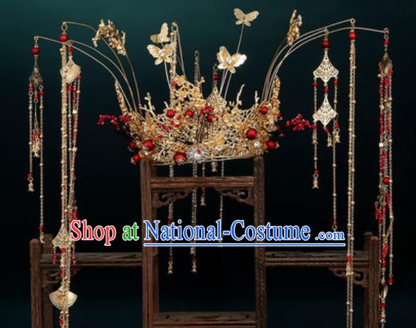 Traditional Chinese Wedding Golden Butterfly Phoenix Coronet Hair Accessories Ancient Bride Tassel Hairpins Complete Set for Women