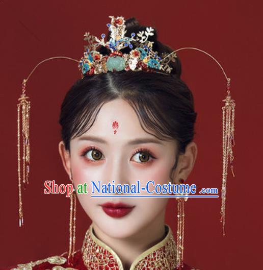 Traditional Chinese Wedding Lotus Phoenix Coronet Hair Accessories Ancient Bride Tassel Hairpins Complete Set for Women