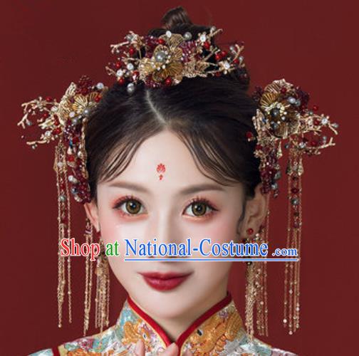 Traditional Chinese Wedding Court Red Beads Hair Comb Hair Accessories Ancient Bride Tassel Hairpins Complete Set