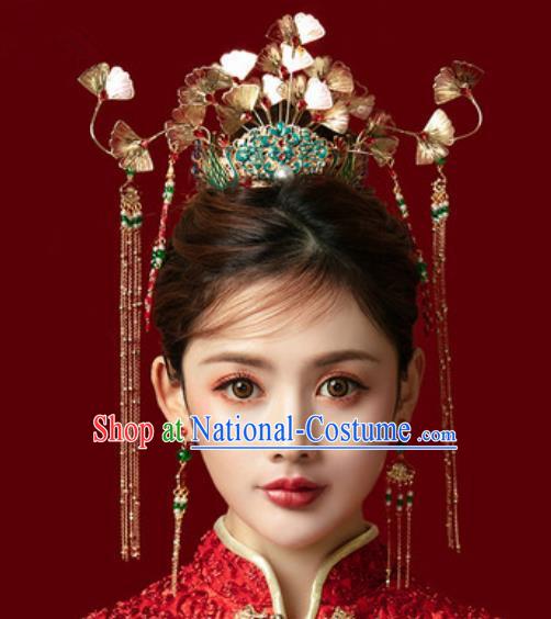 Traditional Chinese Ginkgo Wedding Hair Crown Hair Accessories Ancient Bride Tassel Hairpins Complete Set