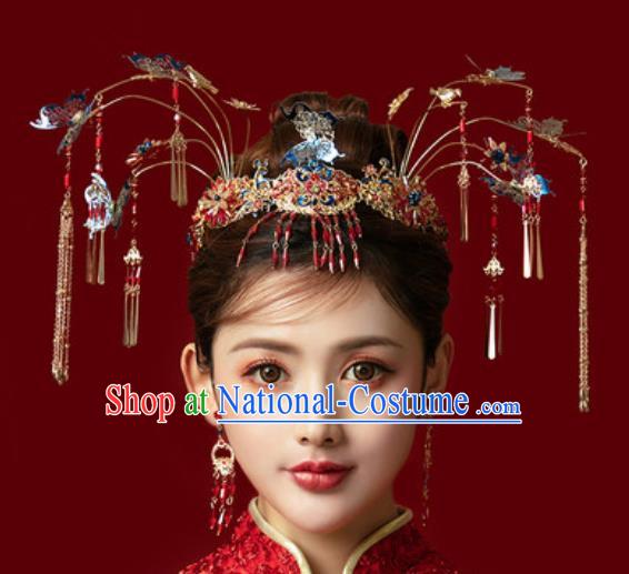 Traditional Chinese Ginkgo Wedding Blueing Hair Crown Hair Accessories Ancient Bride Tassel Hairpins Complete Set