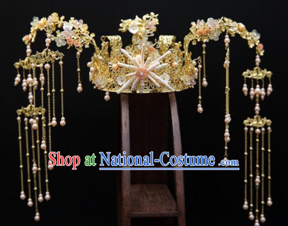 Traditional Chinese Wedding Conch Phoenix Coronet Hair Accessories Ancient Bride Tassel Hairpins Complete Set