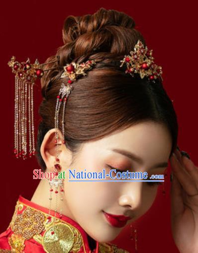 Traditional Chinese Wedding Hair Accessories Ancient Bride Tassel Hairpins Complete Set