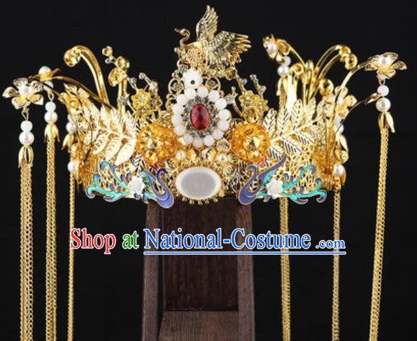 Traditional Chinese Wedding Crane Phoenix Coronet Hair Accessories Ancient Bride Tassel Hairpins Complete Set