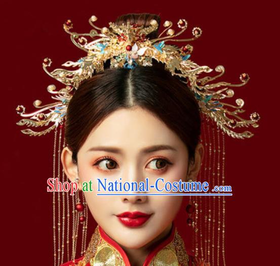 Traditional Chinese Wedding Phoenix Coronet Hair Accessories Ancient Bride Tassel Hairpins Complete Set