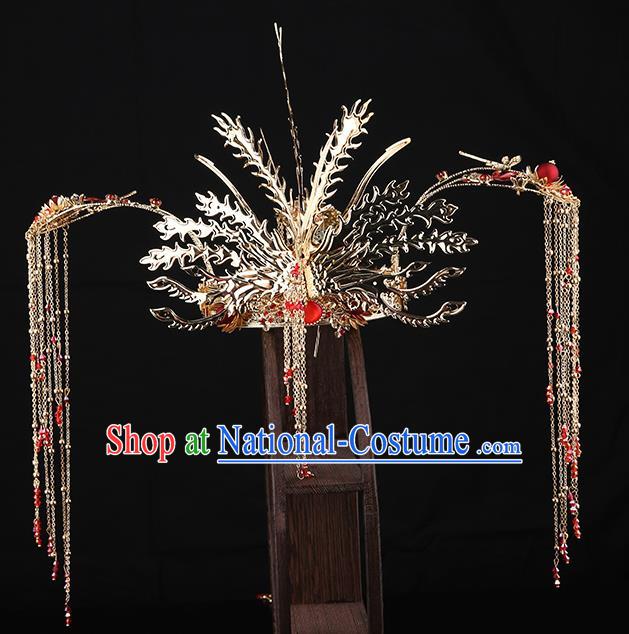 Traditional Chinese Wedding Golden Phoenix Coronet Hair Accessories Ancient Bride Tassel Hairpins Complete Set