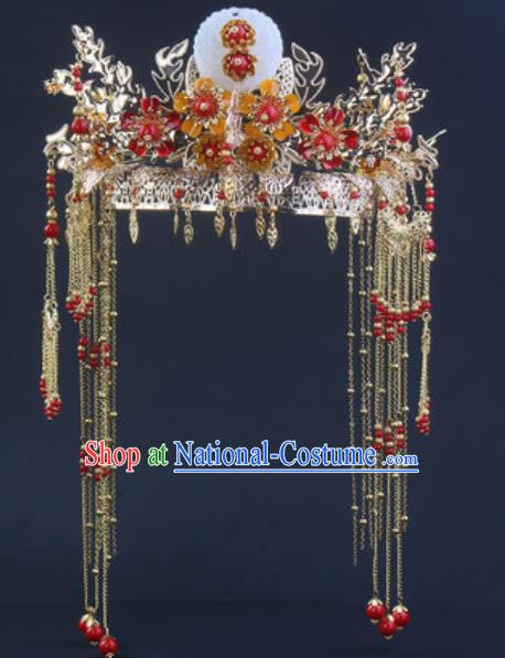 Traditional Chinese Handmade Wedding Jade Phoenix Coronet Ancient Bride Hairpins Luxury Hair Accessories Complete Set