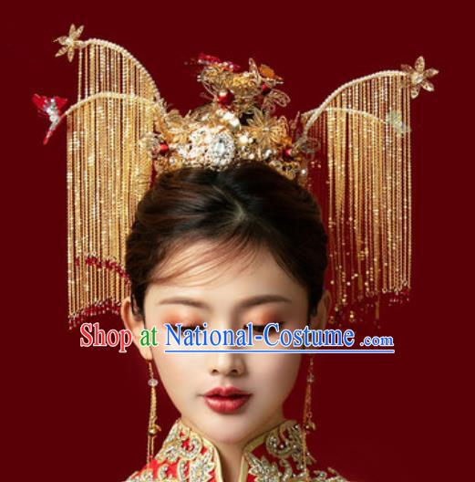 Traditional Chinese Wedding Luxury Tassel Phoenix Coronet Hair Accessories Ancient Bride Hairpins Complete Set