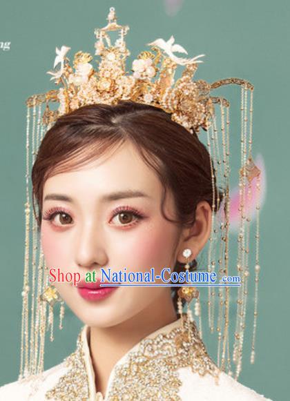 Traditional Chinese Wedding Luxury Pine Tassel Phoenix Coronet Hair Accessories Ancient Bride Hairpins Complete Set