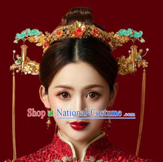 Traditional Chinese Wedding Luxury Blueing Cloud Phoenix Coronet Hair Accessories Ancient Bride Hairpins Complete Set