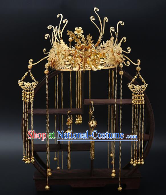 Traditional Chinese Wedding Luxury Golden Phoenix Coronet Hair Accessories Ancient Bride Hairpins Complete Set