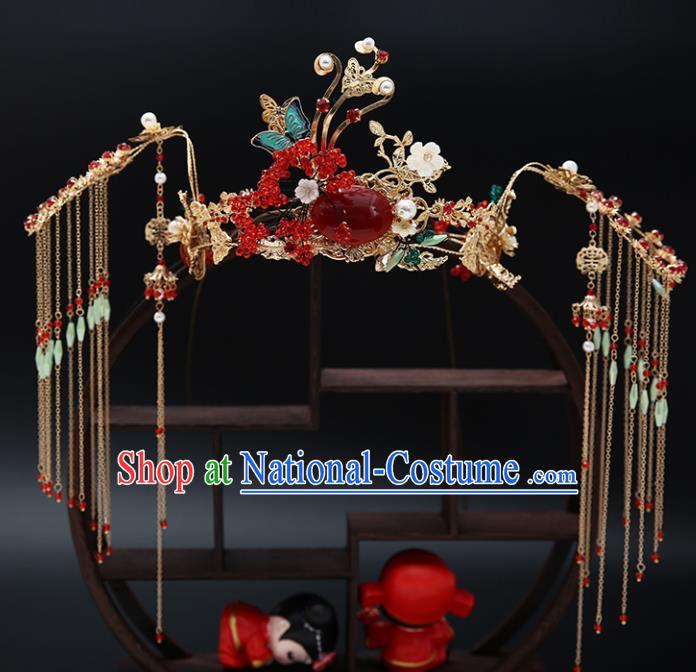 Traditional Chinese Wedding Luxury Red Phoenix Coronet Hair Accessories Ancient Bride Hairpins Complete Set