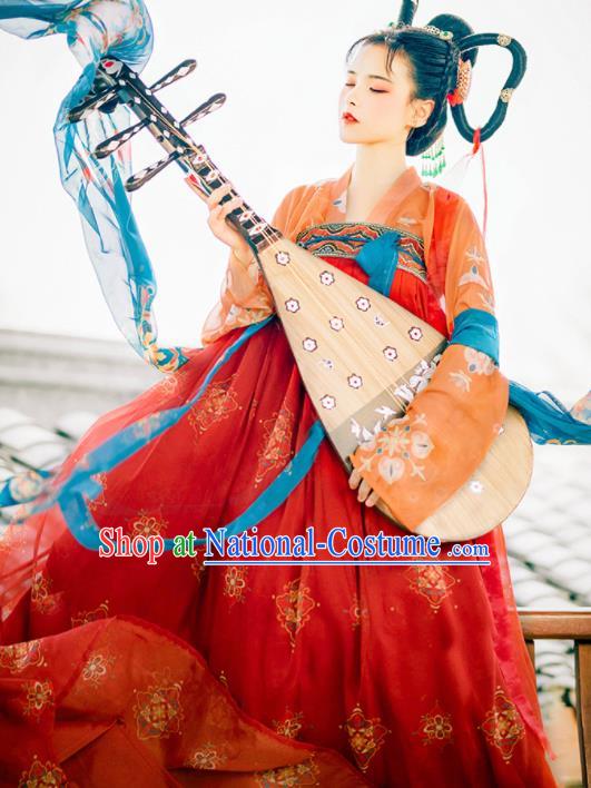 Traditional Chinese Tang Dynasty Royal Princess Replica Costumes Ancient Flying Apsaras Red Hanfu Dress for Women