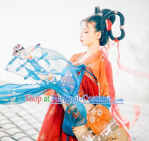 Traditional Chinese Tang Dynasty Royal Princess Replica Costumes Ancient Flying Apsaras Red Hanfu Dress for Women