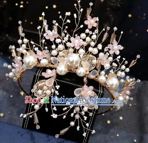 Handmade Baroque Princess Pink Flowers Royal Crown Children Hair Clasp Hair Accessories for Kids