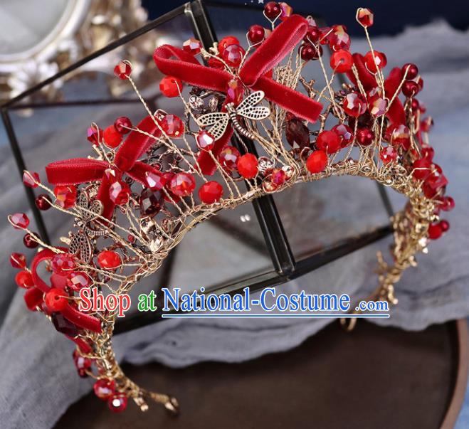 Handmade Baroque Princess Red Silk Bowknot Royal Crown Children Hair Clasp Hair Accessories for Kids