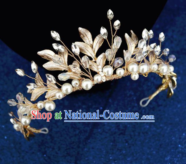 Handmade Baroque Princess Golden Leaf Pearls Royal Crown Children Hair Clasp Hair Accessories for Kids