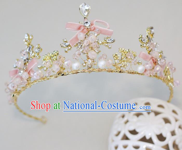 Handmade Baroque Princess Pink Bowknot Royal Crown Children Hair Clasp Hair Accessories for Kids