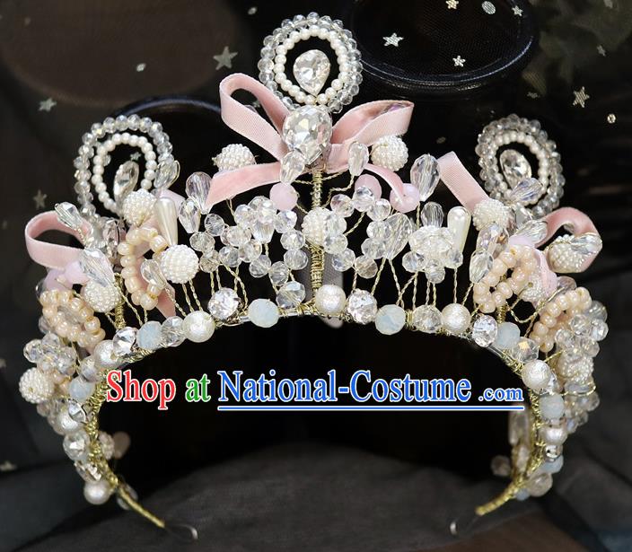 Handmade Baroque Princess Pearls Pink Bowkont Royal Crown Children Hair Clasp Hair Accessories for Kids